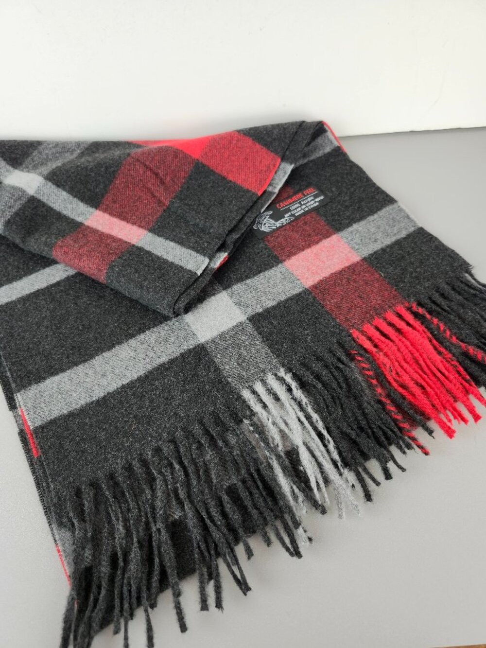 Cashmere Feel Red / Black Plaid Scarf with Tassels